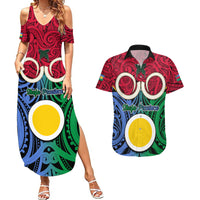 Personalised Vanuatu Shefa Province Couples Matching Summer Maxi Dress and Hawaiian Shirt Pig Tusk Mix Maori Pattern and Namele Leaf LT03 Red - Polynesian Pride