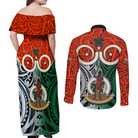 Vanuatu Penama Province Couples Matching Off Shoulder Maxi Dress and Long Sleeve Button Shirts Pig Tusk Mix Maori Pattern and Namele Leaf LT03 - Polynesian Pride