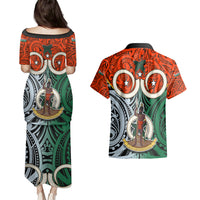 Vanuatu Penama Province Couples Matching Puletasi Dress and Hawaiian Shirt Pig Tusk Mix Maori Pattern and Namele Leaf LT03 - Polynesian Pride