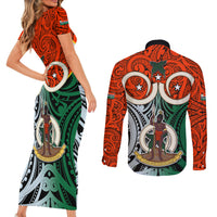 Vanuatu Penama Province Couples Matching Short Sleeve Bodycon Dress and Long Sleeve Button Shirts Pig Tusk Mix Maori Pattern and Namele Leaf LT03 - Polynesian Pride