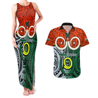 Vanuatu Penama Province Couples Matching Tank Maxi Dress and Hawaiian Shirt Pig Tusk Mix Maori Pattern and Namele Leaf LT03 Orange - Polynesian Pride