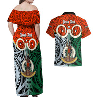 Personalised Vanuatu Penama Province Couples Matching Off Shoulder Maxi Dress and Hawaiian Shirt Pig Tusk Mix Maori Pattern and Namele Leaf LT03 - Polynesian Pride