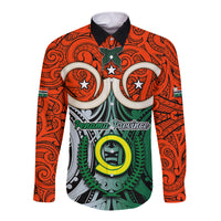 Personalised Vanuatu Penama Province Long Sleeve Button Shirt Pig Tusk Mix Maori Pattern and Namele Leaf LT03 Unisex Orange - Polynesian Pride