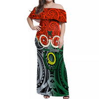 Personalised Vanuatu Penama Province Off Shoulder Maxi Dress Pig Tusk Mix Maori Pattern and Namele Leaf LT03 Women Orange - Polynesian Pride