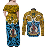 Vanuatu Sanma Province Couples Matching Off Shoulder Maxi Dress and Long Sleeve Button Shirts Pig Tusk Mix Maori Pattern and Namele Leaf LT03 - Polynesian Pride