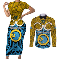 Vanuatu Sanma Province Couples Matching Short Sleeve Bodycon Dress and Long Sleeve Button Shirts Pig Tusk Mix Maori Pattern and Namele Leaf LT03 Blue - Polynesian Pride