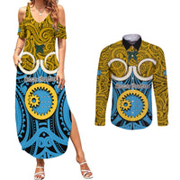 Vanuatu Sanma Province Couples Matching Summer Maxi Dress and Long Sleeve Button Shirts Pig Tusk Mix Maori Pattern and Namele Leaf LT03 Blue - Polynesian Pride