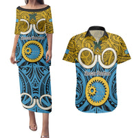 Personalised Vanuatu Sanma Province Couples Matching Puletasi Dress and Hawaiian Shirt Pig Tusk Mix Maori Pattern and Namele Leaf LT03 Blue - Polynesian Pride