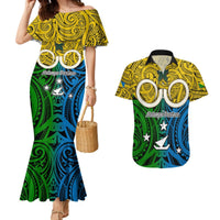 Vanuatu Malampa Province Couples Matching Mermaid Dress and Hawaiian Shirt Pig Tusk Mix Maori Pattern and Namele Leaf LT03 Yellow - Polynesian Pride