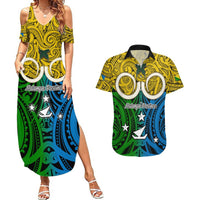 Vanuatu Malampa Province Couples Matching Summer Maxi Dress and Hawaiian Shirt Pig Tusk Mix Maori Pattern and Namele Leaf LT03 Yellow - Polynesian Pride