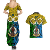 Vanuatu Malampa Province Couples Matching Summer Maxi Dress and Hawaiian Shirt Pig Tusk Mix Maori Pattern and Namele Leaf LT03 - Polynesian Pride