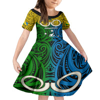Vanuatu Malampa Province Family Matching Off Shoulder Short Dress and Hawaiian Shirt Pig Tusk Mix Maori Pattern and Namele Leaf LT03 Daughter's Dress Yellow - Polynesian Pride