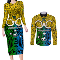 Personalised Vanuatu Malampa Province Couples Matching Long Sleeve Bodycon Dress and Long Sleeve Button Shirts Pig Tusk Mix Maori Pattern and Namele Leaf LT03 Yellow - Polynesian Pride