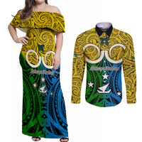 Personalised Vanuatu Malampa Province Couples Matching Off Shoulder Maxi Dress and Long Sleeve Button Shirts Pig Tusk Mix Maori Pattern and Namele Leaf LT03 Yellow - Polynesian Pride