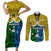 Personalised Vanuatu Malampa Province Couples Matching Short Sleeve Bodycon Dress and Long Sleeve Button Shirts Pig Tusk Mix Maori Pattern and Namele Leaf LT03 Yellow - Polynesian Pride