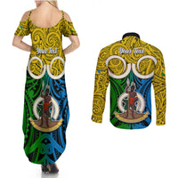 Personalised Vanuatu Malampa Province Couples Matching Summer Maxi Dress and Long Sleeve Button Shirts Pig Tusk Mix Maori Pattern and Namele Leaf LT03 - Polynesian Pride