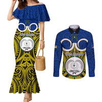 Vanuatu Torba Province Couples Matching Mermaid Dress and Long Sleeve Button Shirts Pig Tusk Mix Maori Pattern and Namele Leaf LT03 Blue - Polynesian Pride