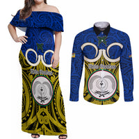 Vanuatu Torba Province Couples Matching Off Shoulder Maxi Dress and Long Sleeve Button Shirts Pig Tusk Mix Maori Pattern and Namele Leaf LT03 Blue - Polynesian Pride