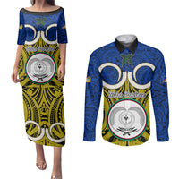 Vanuatu Torba Province Couples Matching Puletasi Dress and Long Sleeve Button Shirts Pig Tusk Mix Maori Pattern and Namele Leaf LT03 Blue - Polynesian Pride