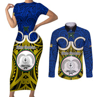 Vanuatu Torba Province Couples Matching Short Sleeve Bodycon Dress and Long Sleeve Button Shirts Pig Tusk Mix Maori Pattern and Namele Leaf LT03 Blue - Polynesian Pride