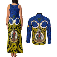Vanuatu Torba Province Couples Matching Tank Maxi Dress and Long Sleeve Button Shirts Pig Tusk Mix Maori Pattern and Namele Leaf LT03 - Polynesian Pride