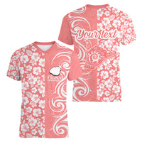 Custom Hawaii Kauai Island Women V Neck T Shirt Hibiscus Pattern Seamless Tribal Simple Pink Pastel LT03 - Polynesian Pride