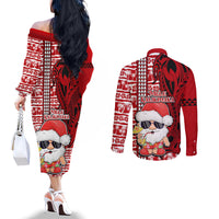 Mele Kalikimaka Hawaii Christmas Couples Matching Off The Shoulder Long Sleeve Dress and Long Sleeve Button Shirt Santa Claus Kakau Tribal Mix Polynesia Tattoo LT03 - Polynesian Pride