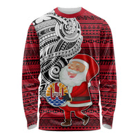 Custom French Polynesia Christmas Long Sleeve Shirt Santa Hold Seal with Polynesian Tribal Tattoo LT03 Unisex Red - Polynesian Pride