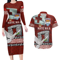 Mate Ma'a Tonga Couples Matching Long Sleeve Bodycon Dress and Hawaiian Shirt Haamonga a Maui and White Dove - Tongan Kupesi Ngatu LT03 Red - Polynesian Pride