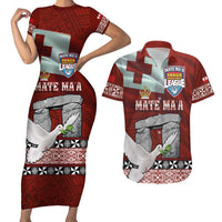 Mate Ma'a Tonga Couples Matching Short Sleeve Bodycon Dress and Hawaiian Shirt Haamonga a Maui and White Dove - Tongan Kupesi Ngatu LT03 Red - Polynesian Pride