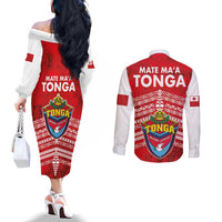 Mate Ma'a Tonga Couples Matching Off The Shoulder Long Sleeve Dress and Long Sleeve Button Shirt Douple White Dove and Kupesi Ngatu Art Tattoo