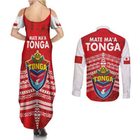 Mate Ma'a Tonga Couples Matching Summer Maxi Dress and Long Sleeve Button Shirt Douple White Dove and Kupesi Ngatu Art Tattoo