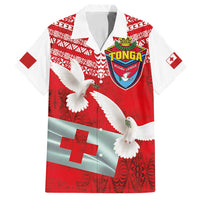 Mate Ma'a Tonga Family Matching Off Shoulder Maxi Dress and Hawaiian Shirt Double White Dove and Kupesi Ngatu Art Tattoo LT03 Dad's Shirt - Short Sleeve Red - Polynesian Pride