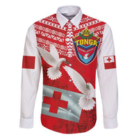 Mate Ma'a Tonga Family Matching Off Shoulder Short Dress and Hawaiian Shirt Double White Dove and Kupesi Ngatu Art Tattoo LT03 Dad's Shirt - Long Sleeve Red - Polynesian Pride