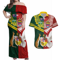 Custom Mate Ma'a Tonga and Australia Kangaroo Couples Matching Off Shoulder Maxi Dress and Hawaiian Shirt Nation Seal with Mascot Aboriginal and Tongan Kupesi Ngatu Art LT03 Red - Polynesian Pride