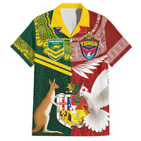 Custom Mate Ma'a Tonga and Australia Kangaroo Family Matching Off The Shoulder Long Sleeve Dress and Hawaiian Shirt Nation Seal with Mascot Aboriginal and Tongan Kupesi Ngatu Art LT03 Dad's Shirt - Short Sleeve Red - Polynesian Pride
