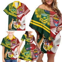 Custom Mate Ma'a Tonga and Australia Kangaroo Family Matching Off Shoulder Short Dress and Hawaiian Shirt Nation Seal with Mascot Aboriginal and Tongan Kupesi Ngatu Art LT03 - Polynesian Pride