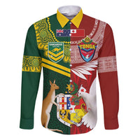 Custom Mate Ma'a Tonga and Australia Kangaroo Family Matching Puletasi and Hawaiian Shirt Nation Seal with Mascot Aboriginal and Tongan Kupesi Ngatu Art LT03 Dad's Shirt - Long Sleeve Red - Polynesian Pride