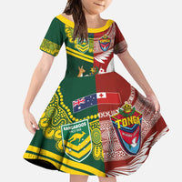 Custom Mate Ma'a Tonga and Australia Kangaroo Family Matching Tank Maxi Dress and Hawaiian Shirt Nation Seal with Mascot Aboriginal and Tongan Kupesi Ngatu Art LT03 Daughter's Dress Red - Polynesian Pride