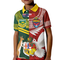 Custom Mate Ma'a Tonga and Australia Kangaroo Kid Polo Shirt Nation Seal with Mascot Aboriginal and Tongan Kupesi Ngatu Art