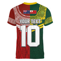 Custom Mate Ma'a Tonga and Australia Kangaroo Women V-Neck T-Shirt Nation Seal with Mascot Aboriginal and Tongan Kupesi Ngatu Art LT03 - Polynesian Pride