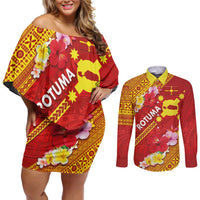 Rotuma Island Couples Matching Off Shoulder Short Dress and Long Sleeve Button Shirt Fijian Tapa with Polynesian Art and Hibiscus LT03 Red - Polynesian Pride