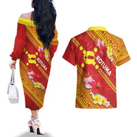 Rotuma Island Couples Matching Off The Shoulder Long Sleeve Dress and Hawaiian Shirt Fijian Tapa with Polynesian Art and Hibiscus LT03 - Polynesian Pride