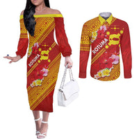 Rotuma Island Couples Matching Off The Shoulder Long Sleeve Dress and Long Sleeve Button Shirt Fijian Tapa with Polynesian Art and Hibiscus LT03 Red - Polynesian Pride