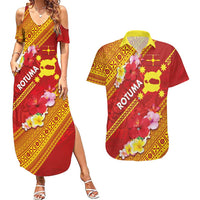 Rotuma Island Couples Matching Summer Maxi Dress and Hawaiian Shirt Fijian Tapa with Polynesian Art and Hibiscus LT03 Red - Polynesian Pride