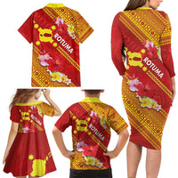 Rotuma Island Family Matching Long Sleeve Bodycon Dress and Hawaiian Shirt Fijian Tapa with Polynesian Art and Hibiscus LT03 - Polynesian Pride