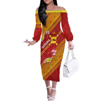 Rotuma Island Family Matching Off The Shoulder Long Sleeve Dress and Hawaiian Shirt Fijian Tapa with Polynesian Art and Hibiscus LT03 Mom's Dress Red - Polynesian Pride