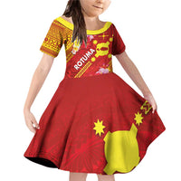 Rotuma Island Family Matching Off Shoulder Short Dress and Hawaiian Shirt Fijian Tapa with Polynesian Art and Hibiscus LT03 Daughter's Dress Red - Polynesian Pride