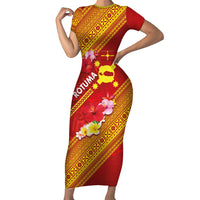 Rotuma Island Family Matching Short Sleeve Bodycon Dress and Hawaiian Shirt Fijian Tapa with Polynesian Art and Hibiscus LT03 Mom's Dress Red - Polynesian Pride
