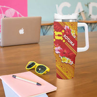 Rotuma Island Tumbler With Handle Fijian Tapa with Polynesian Art and Hibiscus